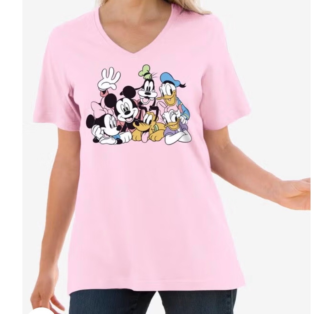 Disney Mickey and Friends T-Shirt Large Pink Graphic V-Neck Cotton Preloved